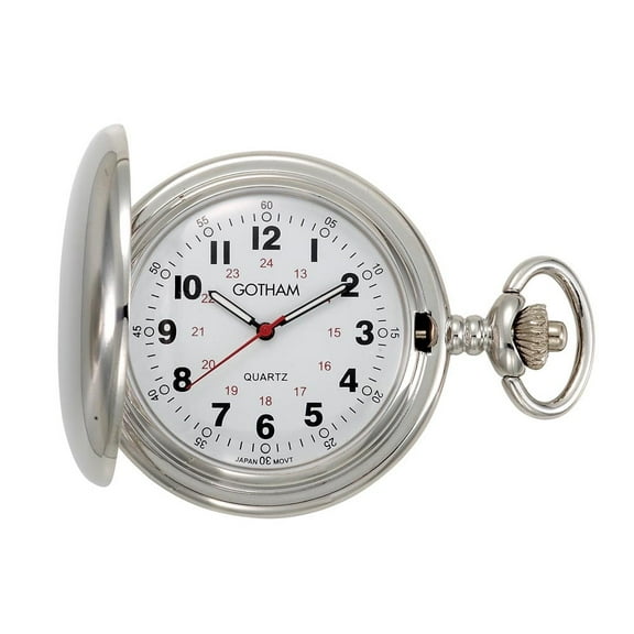 Gotham Men's Silver-Tone Polished Finish Covered Quartz Pocket Watch with Chain# GWC15042S