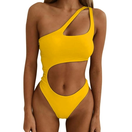 Swimsuits for Women One Shoulder Cutout High Waisted Crisscross Bikini Set Yellow Bathing Suits for Women S