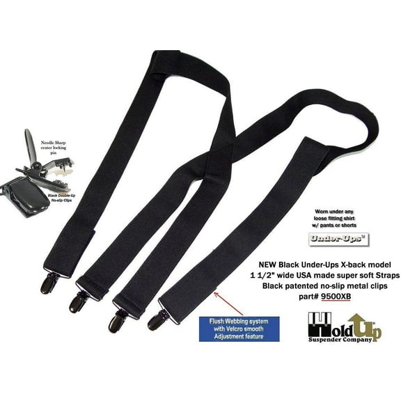 All Black Hidden Undergarment Suspenders 1 1/2" wide 48"long, X-back style with No-slip Clips
