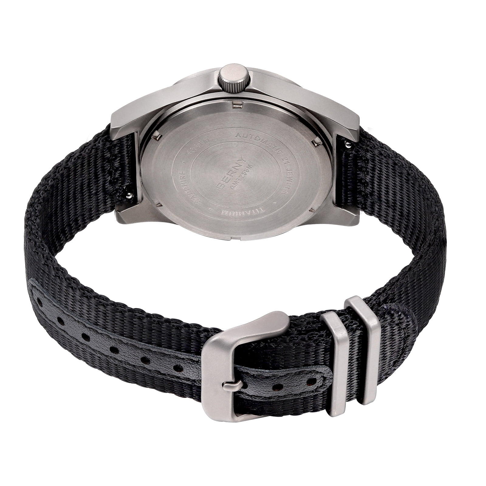 BERNY Automatic Titanium Watches for Men, Sport Casual 10ATM Waterproof Analog Mechanical Watch with Date, Nylon Strap, Super Luminous, Sapphire Crystal, Fashion Minimalist Wrist Watch (Black)