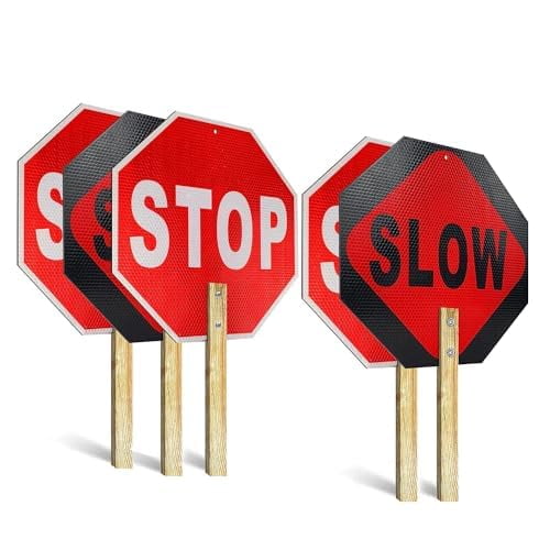 OLANZU 5-Pack Handheld Stop Slow Signs with Wooden Handle - 12" x 12" Double-sided Crossing Guard Stop Sign - Honeycomb Reflective Road Sign - Easy to Install