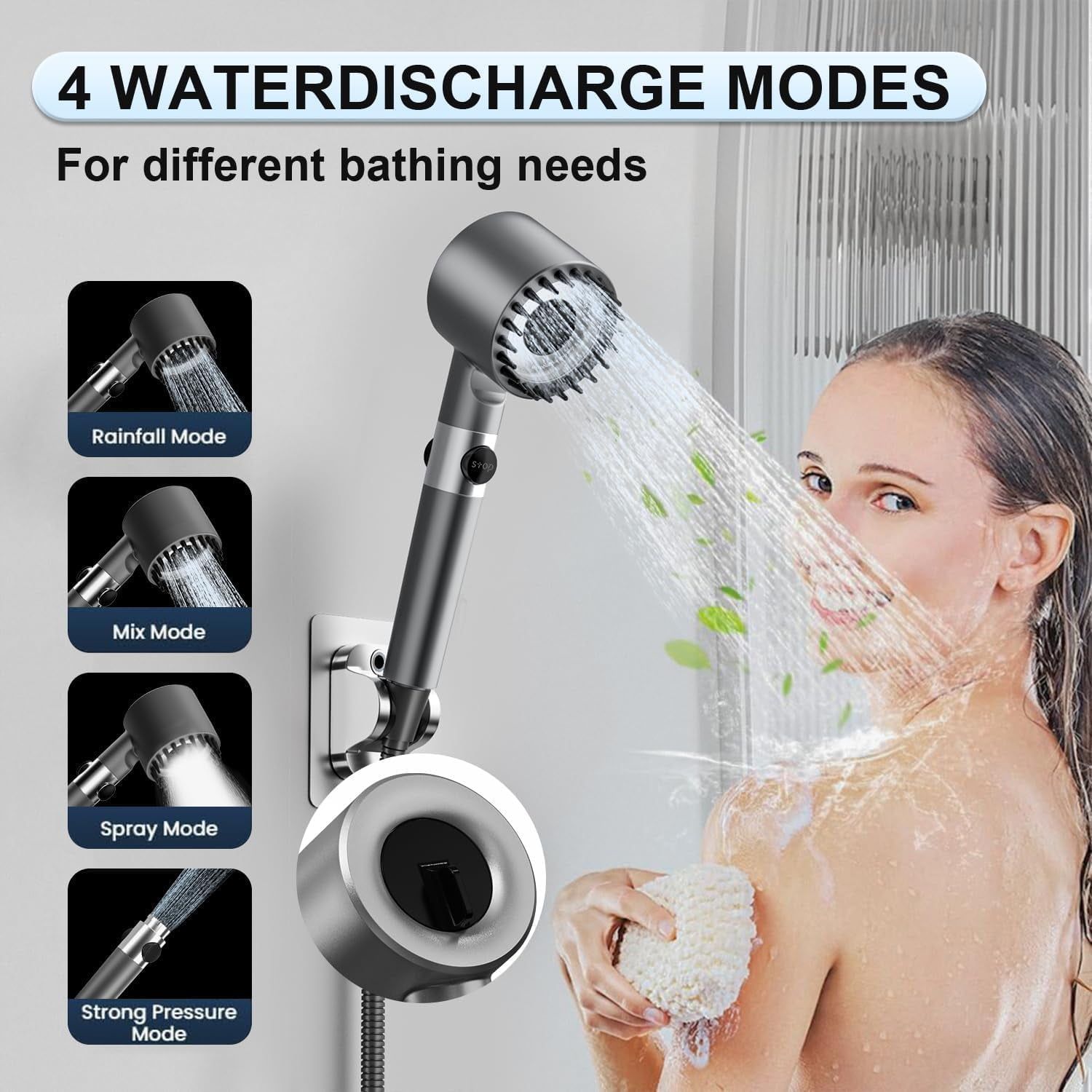 Ion Drops Filtered Shower Head with Handheld, High Pressure Multiple Spray Modes Shower Head with Filter, Power Wash for Hard Water, Showerhead with ON/OFF Switch for Pets Bath,Grey