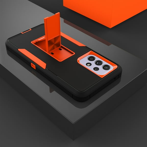ELEHOLD Kickstand Rugged Case of Samsung Galaxy A53 5G 6.5 inch,Made of Hard PC Plastic Flexible TPU,with Shockproof Dustproof Lens Protection Folding Hidden Form Bracket Case,Black/Orange