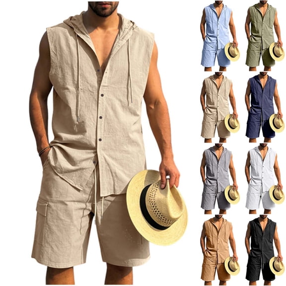 HBGVBA Mens Summer Set Solid Color Loose Linen Pocket Elastic Waist Shorts Button Hooded Tank Top Shirt 2 Piece Beach Set
