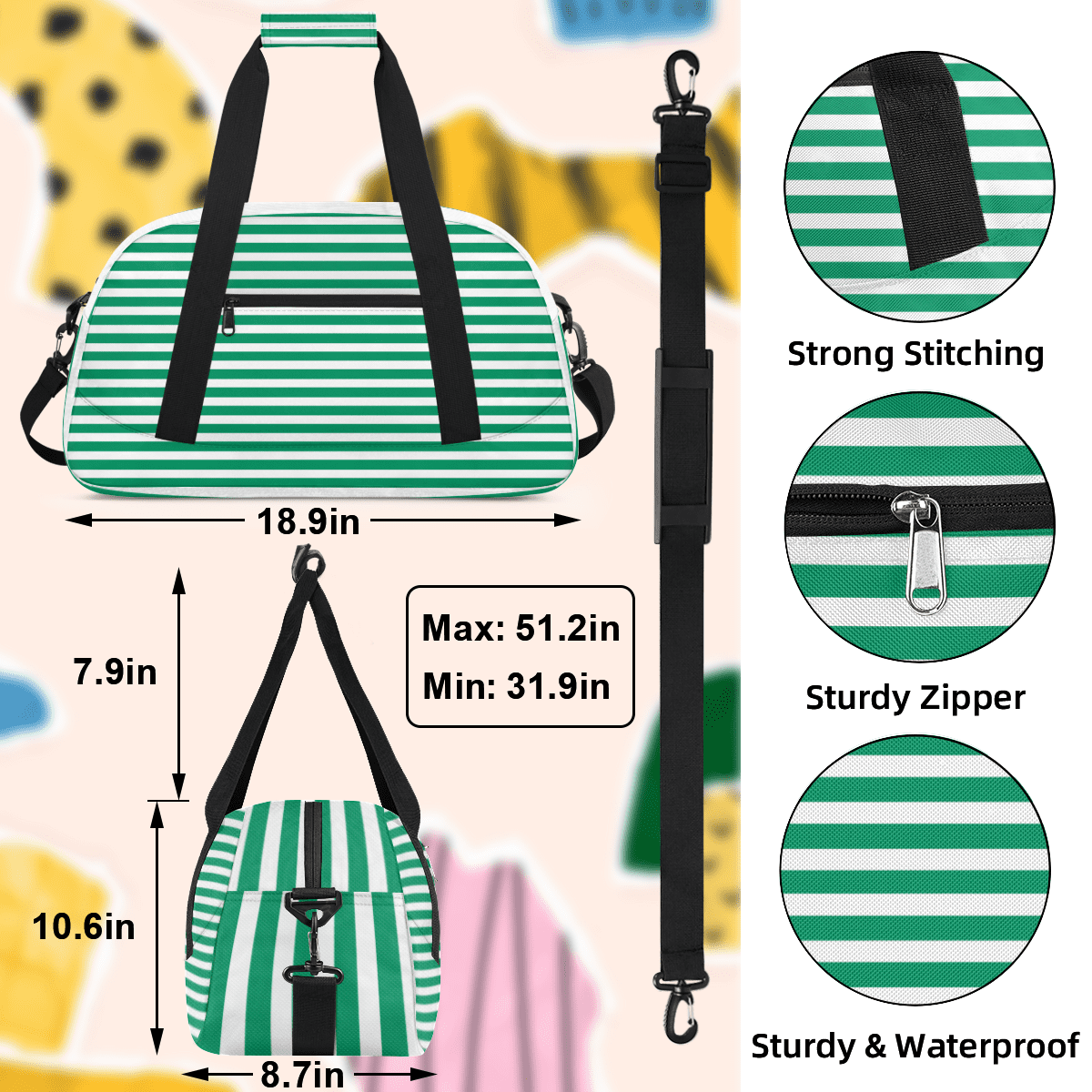 Herdesigns Green Striped Sports Duffle Bag for Women & Men, Gym Bag Dance Bag Overnight Bag Carry On Weekender Travel Bag