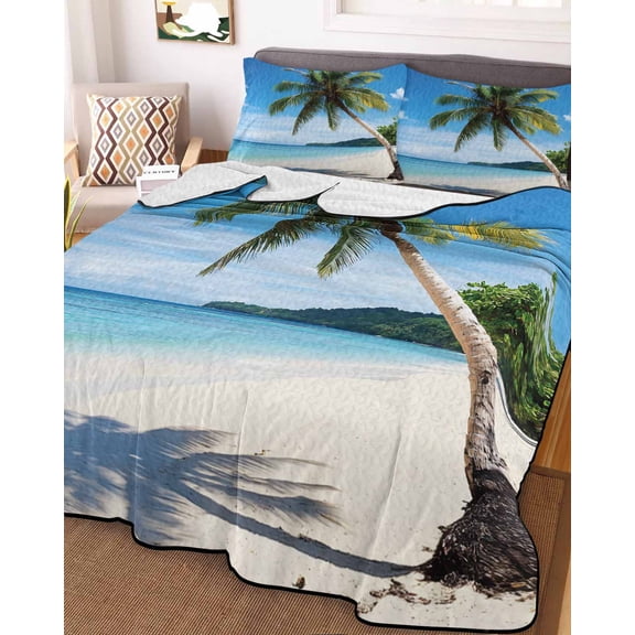 Coastal Tropical Queen Size Down Alternative Comforter, Lightweight Comforter Quilt Bedding Set with Pillow Shams Blue Sky Coconut Tree Summer Beach All Seasons Bed Comforter Duvet Insert 90"x96"