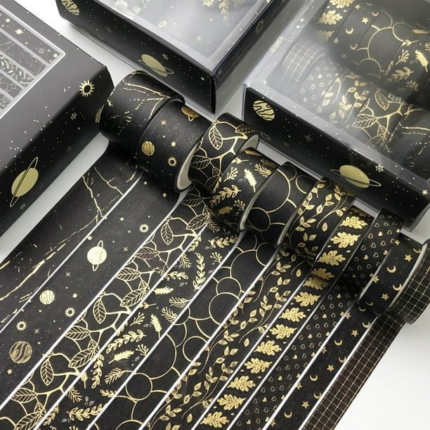 Juego de 10 rollos de cinta con patrón de cuadros decorativos, para Bullet Journal, bricolaje, envolver regalos, manualidades, (serie Black Gold Foil). XianweiShao 8390615136990