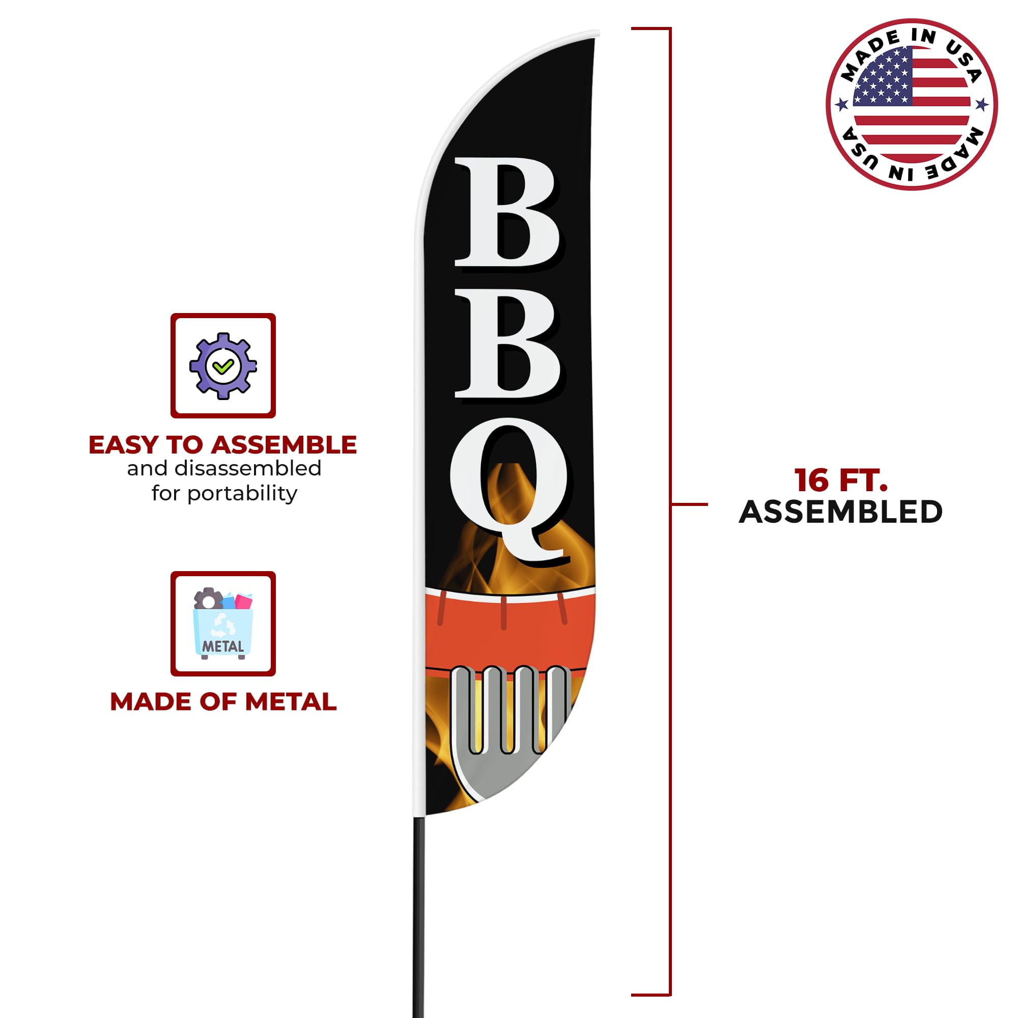 BBQ Sign feather flag Pole Mount for Outdoor by Mavis Print | 15 FEET Long Polyester Outdoor Banner Flag with Pole Kit for Easy Hang | HD Print Swooper Flag Pole Mount for Food Advertising