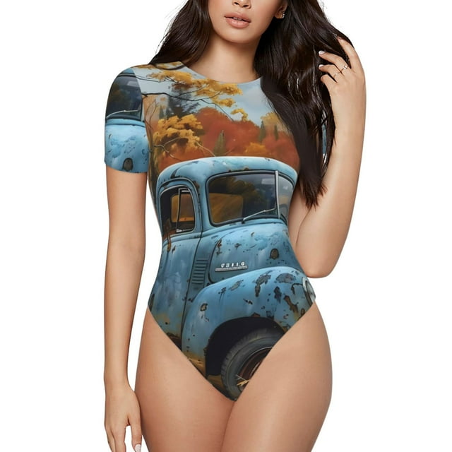 Saiise Combinaison Courte à Manches Courtes pour Femme, Motif Camion Rustique Vintage d'Automne, Pyjama à Col Rond, Justaucorps Extensible avec Fermeture à Boutons-Pression - Moyen