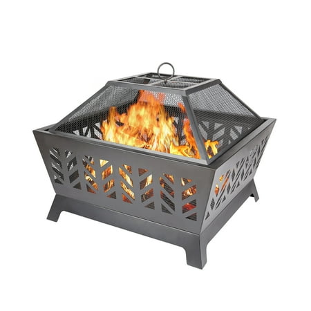 26 Inch Outdoor Fire Pit, Iron Square Wood Burning Fire Pit with Spark Screen, Mesh Cover Grills Poker, Outdoor Fireplace Fire Bowl, for BBQ Camping
