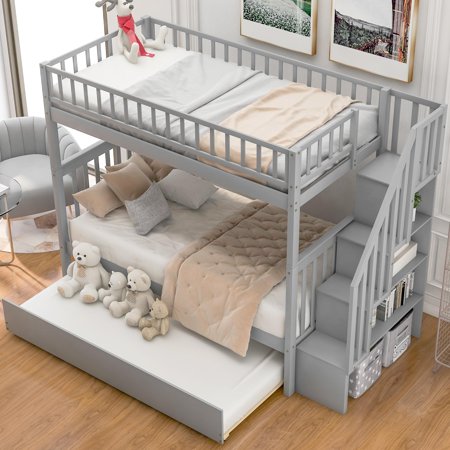 DreamBuck Twin over Twin Bunk Bed with Trundle and Storage Staircase  Convertible Solid Wood Stairway Bunkbed  Bedframe with Safety Guardrail for Kids Toddlers Adults  No Box Spring Required  Gray