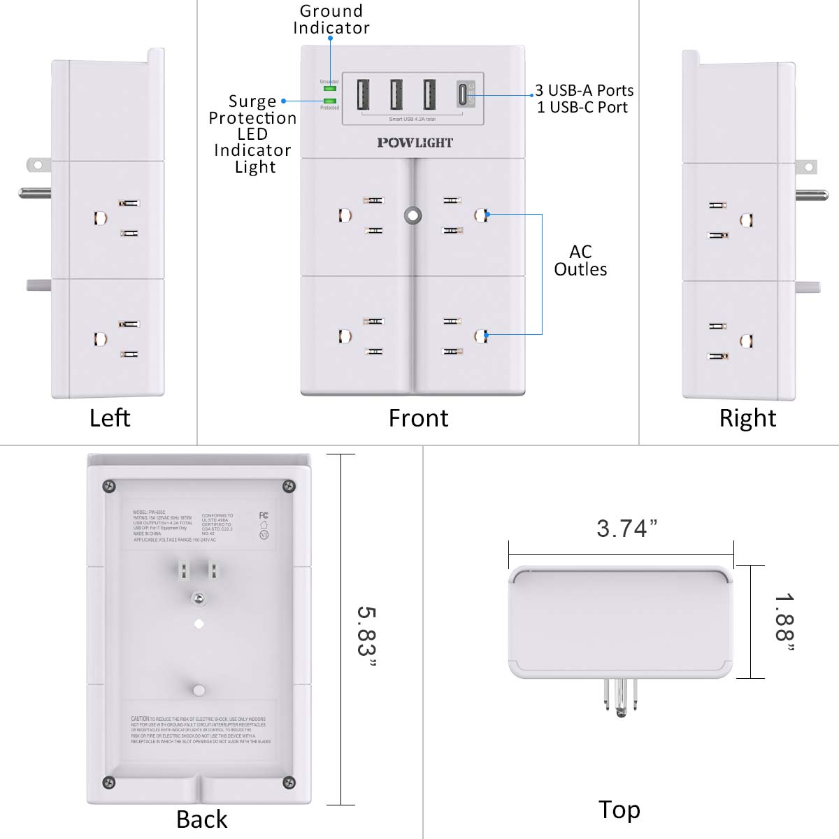 Powlight 8-Outlet Wall-Mount Surge Protector with USB Charging photo 5
