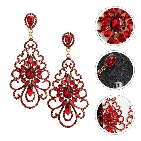 LOLIPPYY 1Pair Red Alloy Earrings Bridal Fashion Ear Studs with Glittering Rhinestone Detail