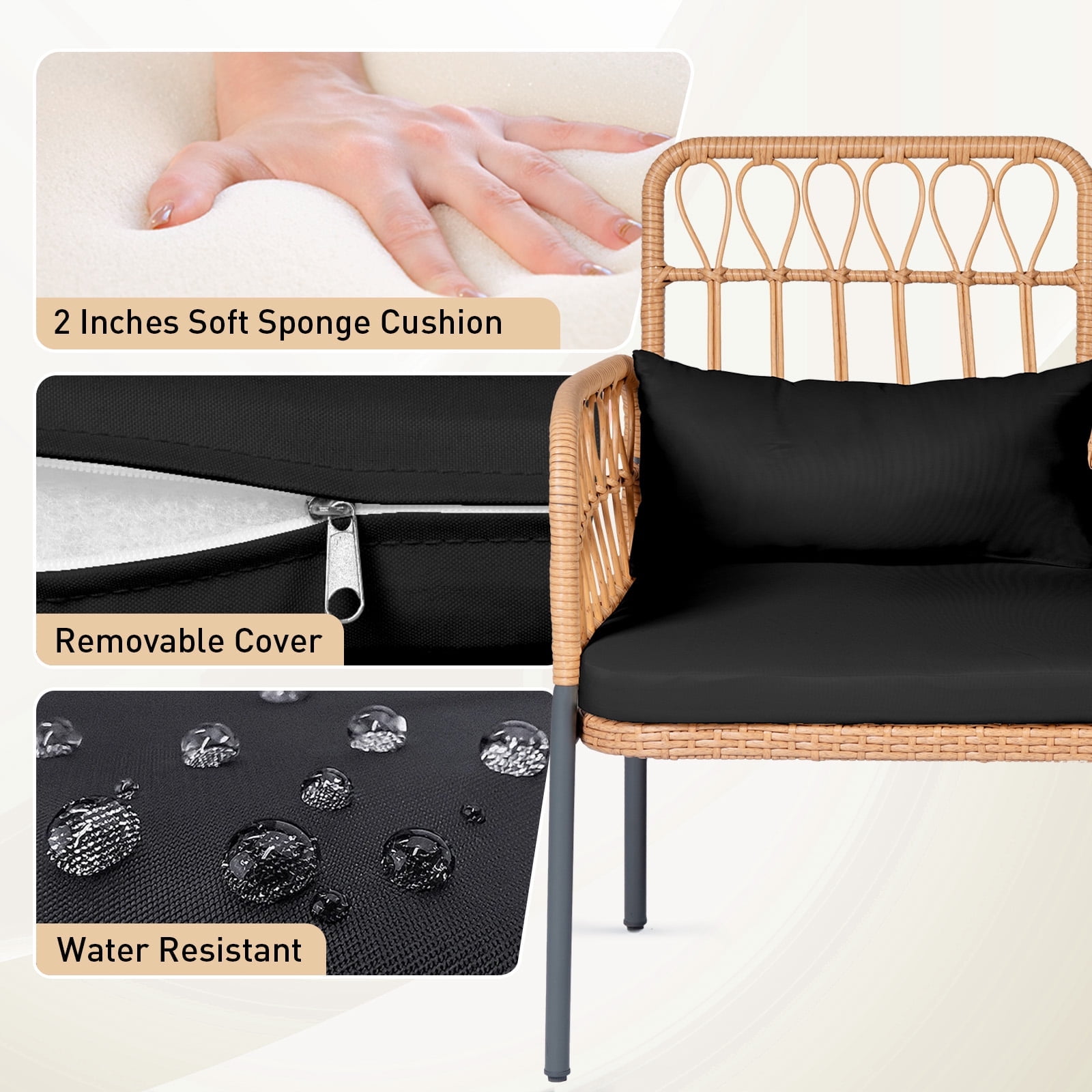 Tappio Outdoor Rattan Loveseat, Patio Rattan Conversation Set Seat Sofa Cushioned Loveseat Table Chairs with Built-in Coffee Table, Black
