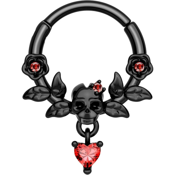 shiyou-Black Gothic Septum Ring 16G Halloween Septum Jewelry Dangle Helix Daith Earrings for Women Flower Septum Daith Piercing Jewelry Stainless Steel