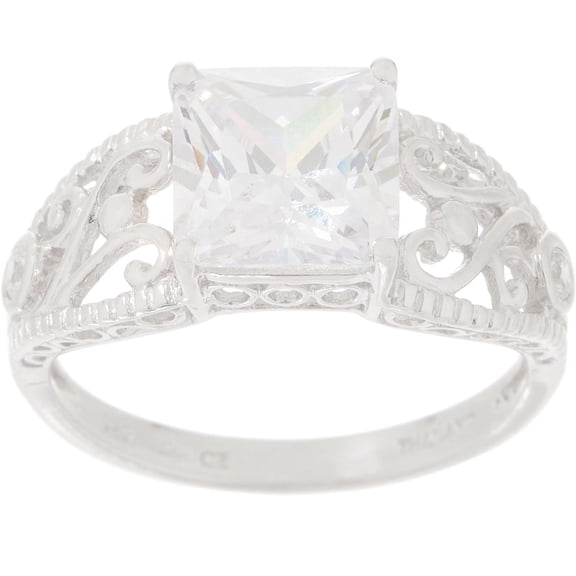 Diamonique Sterling Silver Vintage Design Princess Cut Ring, Size 9