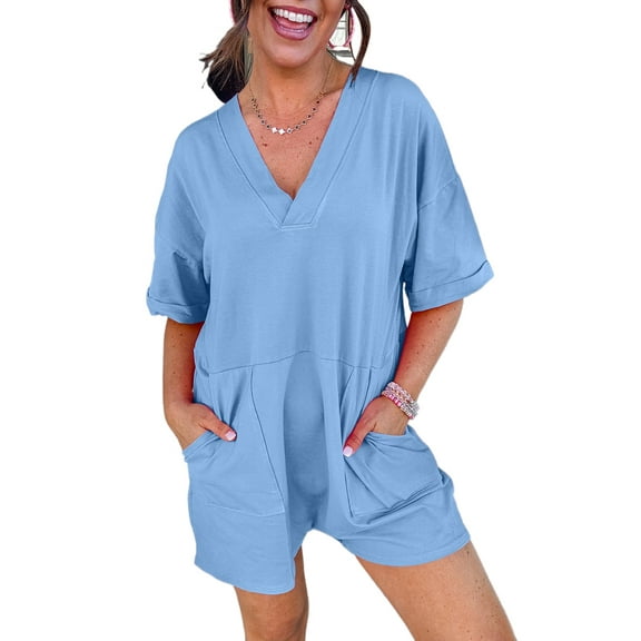 Women's Myosotis Blue Loose Half Sleeve V Neck Knit Romper with Pockets | [ZhiHiMeRi] | (US 12-14)L