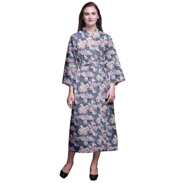 Bimba Medium Purple Floral Leaves & Ranunculus Womens Robe Dressing Gown Long Bride Getting Ready Shirt Printed Bath Robe Girls M