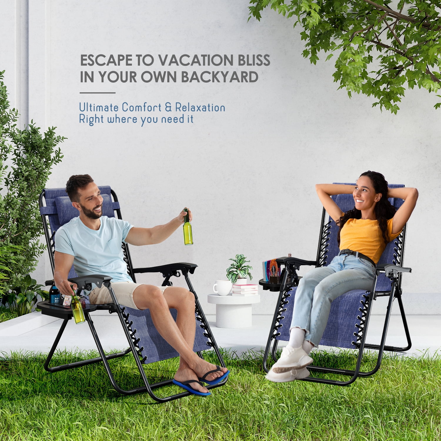 LammaLoe Zero Gravity Chair, Outdoor Lounge Chairs with Cup Holder, Blue