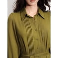 thumbnail image 2 of Green Womens Viscose Tencel Pleated Shirt Collar Button Down Long Sleeve Cinched Waist Casual Maxi Dress, 2 of 8