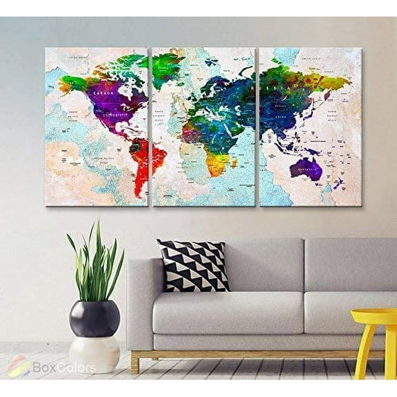 Original by BoxColors LARGE 30"x 60" 3 panels 30x20 Ea Art Canvas Print Watercolor Multi Color Map World Push Pin Travel Wall home decor (framed 1.5" depth) M1807