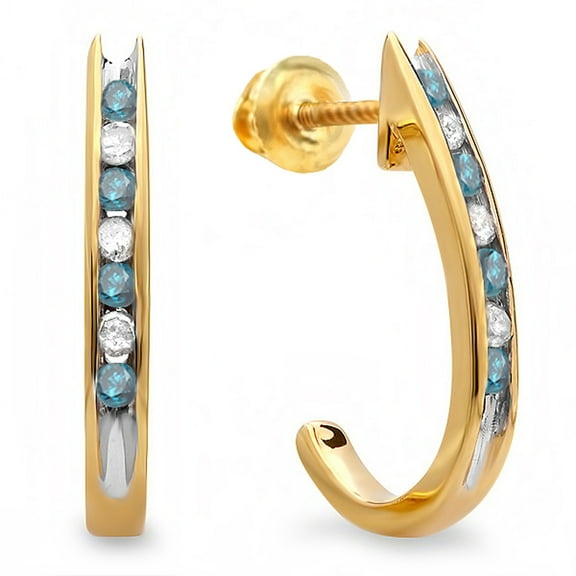Dazzlingrock Collection 0.25 Carat (ctw) 18K Round Blue & White Diamond Ladies Fancy J Shaped Hoop Earrings 1/4 CT, Yellow Gold