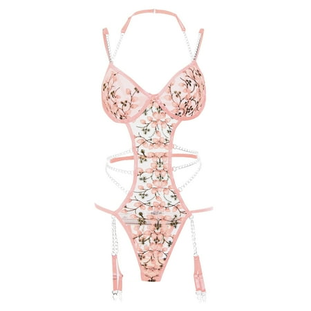 (2-Pack) Puawkoer Women Sexy Lace Mesh Satin Chemise Lingerie for Women Plus Size Floral Embroidery Chain Linked Plus Size Bustier Lingerie for Women Garter Teddy Bodys