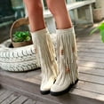 thumbnail image 4 of Women's Fringe Knee High Boots Fashion Round Toe Platform Low Heel Mid Calf Western Cowboy Tassel Boots, 4 of 6