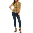 thumbnail image 3 of INSPIRE CHIC Women's Point Collar Short Cap Sleeves Plaids Button Down Shirt L Yellow, 3 of 8