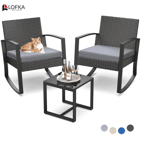Patio Furniture Set Lofka 3 Pieces Outdoor Rocking Chairs Set with Glass Coffee Table for Garden, Bistro, Porch, Balcony, Backyard, Gray Cushion