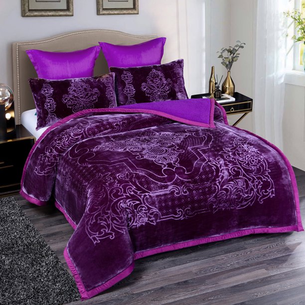 3 Piece Purple Solid Reversible Warm Crafted Mink Plush ...