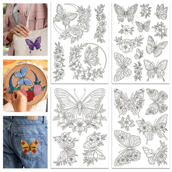 4 Sheets 11.7x8.3inch Butterfly Flower Stick and Stitch Water Soluble Stabilizer Hand Embroidery