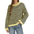 thumbnail image 2 of Women Crew Neck Horizontal Stripe Drop Shoulder Long Sleeve Loose Knit Sweater Fall Casual Pullover S, 2 of 5