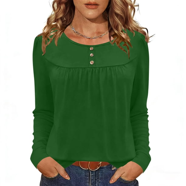 Camisas de Manga Corta para las Mujeres Casual Color Sólido Blusas Plisadas, Moda Cuello Redondo Tops de Verano para la Fiesta