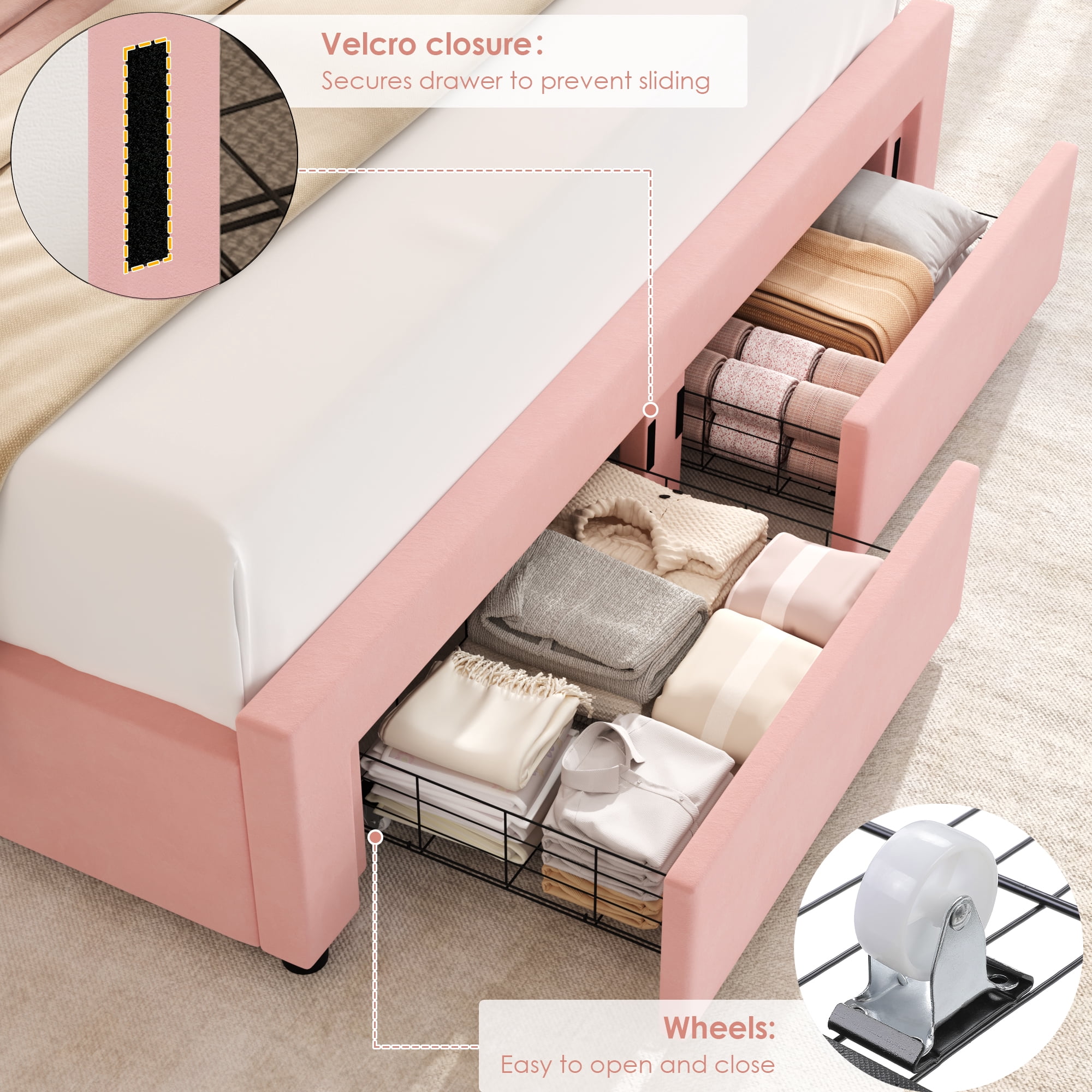 Homfa Full Size LED Bed Frame with 2 Drawer Storage, Wingback Platform Bed with Velvet Upholstered Headboard, Pink