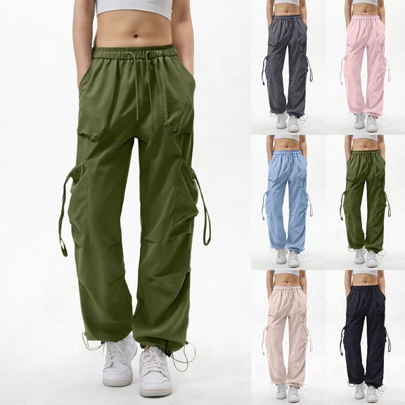 Mgmyaa Women's Soft Lightweight Nylon Straight-Leg Cargo Full Length Pants with Drawstring Mid Waist Adjustable Waist Active Fit Trousers for Sports Hiking Gym