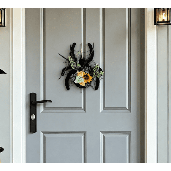 Halloween Mini Spider Door Wreath with Floral Vines, Gothic Wall Hanging Home Decor