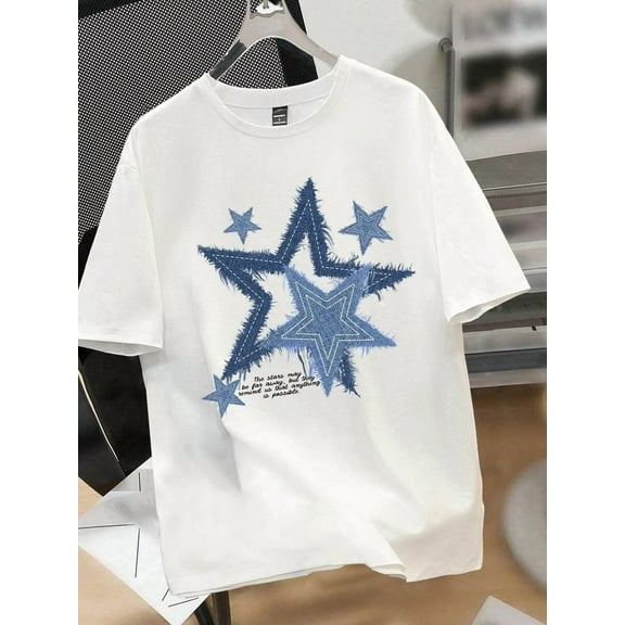 Black/White Star Tee with Frayed Detailing and Inspirational Slogan T-Shirt