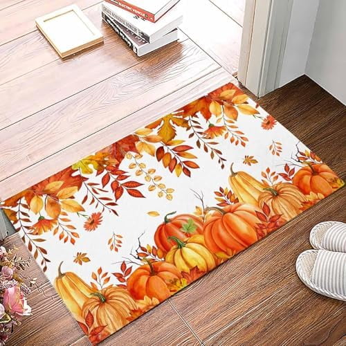 Doormat Indoor Entrance Home Decor Door Mat Burnt Orange Fall Floor Rugs for Kitchen Bathroom Watercolor Maple Leaf Pumpkins Thanksgiving Funny Welcome Mat 16x24 Inch.