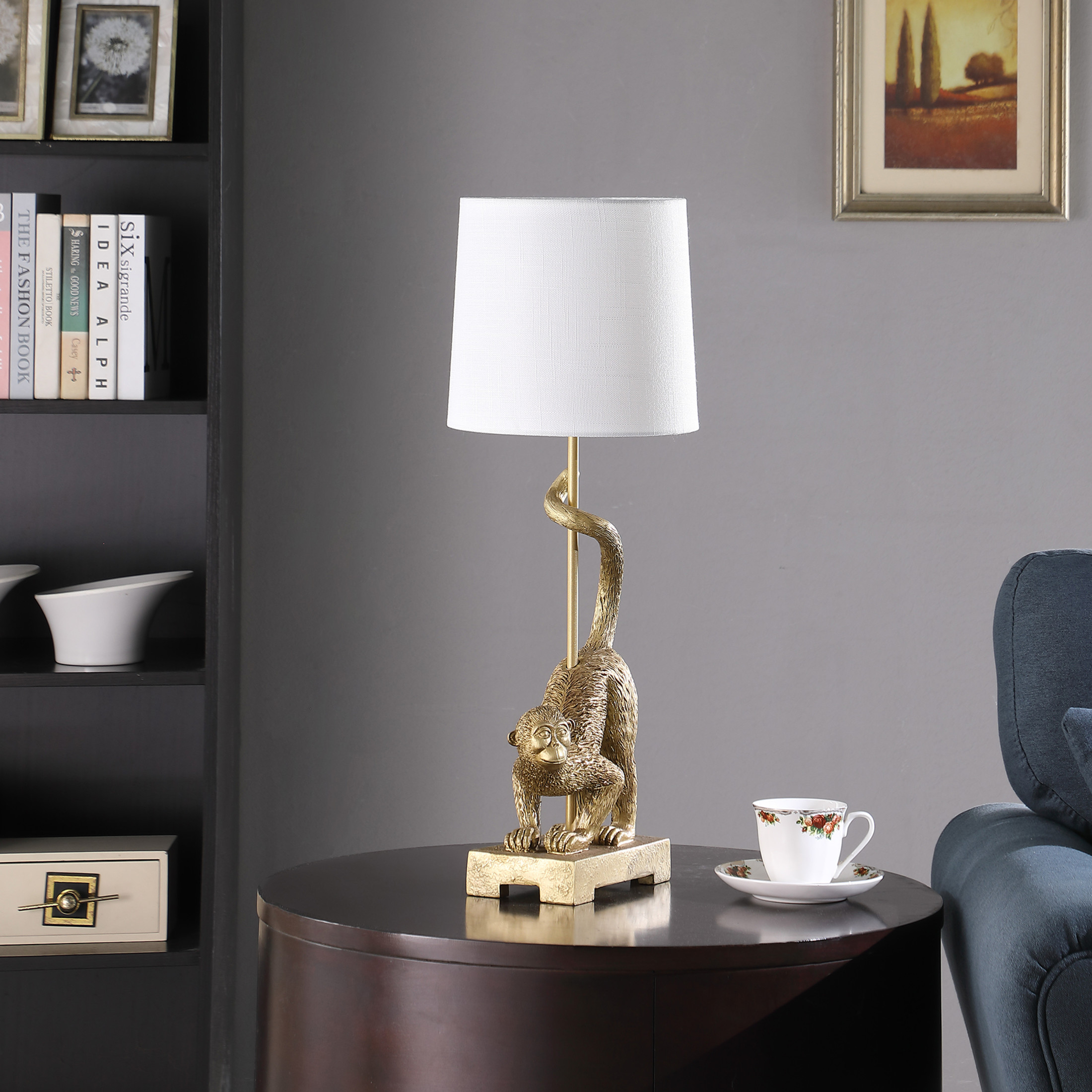 Noble House 24" Old World Capuchin Monkey Table Lamp, Polyresin Figurine, Semi-Drum Shade, E26 Bulb, Golden White