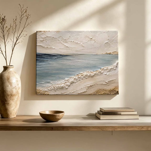 Heavy Impasto Ocean Canvas Wall Art, Coastal Blue Textured Ocean Beige Beach Wall Art Prints Artwork Framed Canvas Ready to Hang Art Pictures for Hallway Living Dining Room Bedroom 24" x 16"