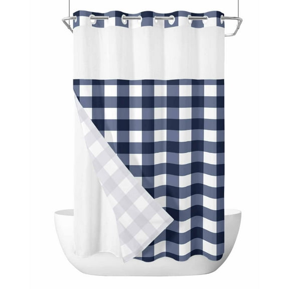 No Hook Cloth Fabric Shower Curtain with Snap in Liner, Navy Blue Check Waterproof Shower Curtains Set with See Through Top Window, Farmhouse Buffalo Plaid Blue Bath Curtains Shower 54"x78"
