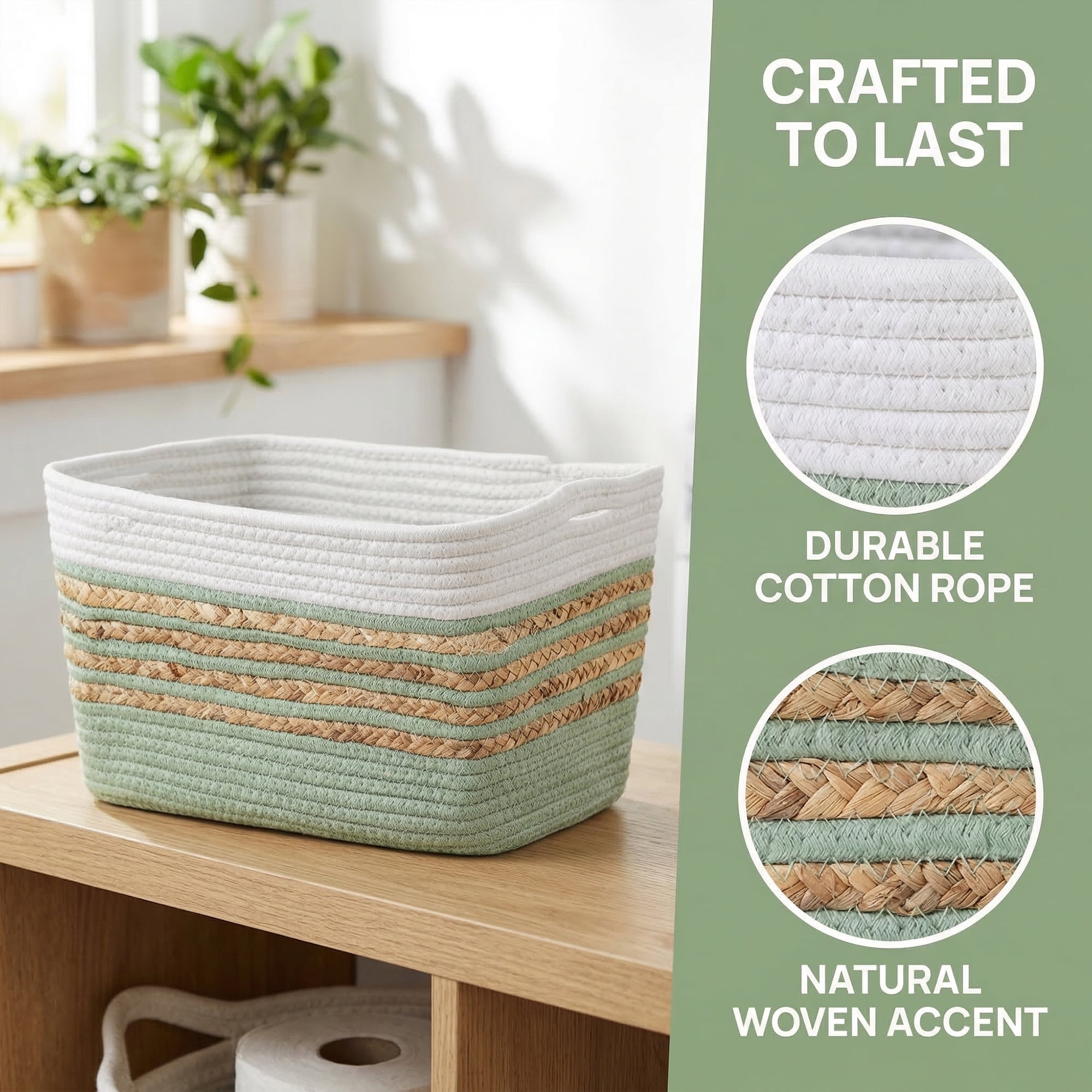 Unique Bargains Woven Storage Basket Storage Bin Green White 15*9.8*9.1in