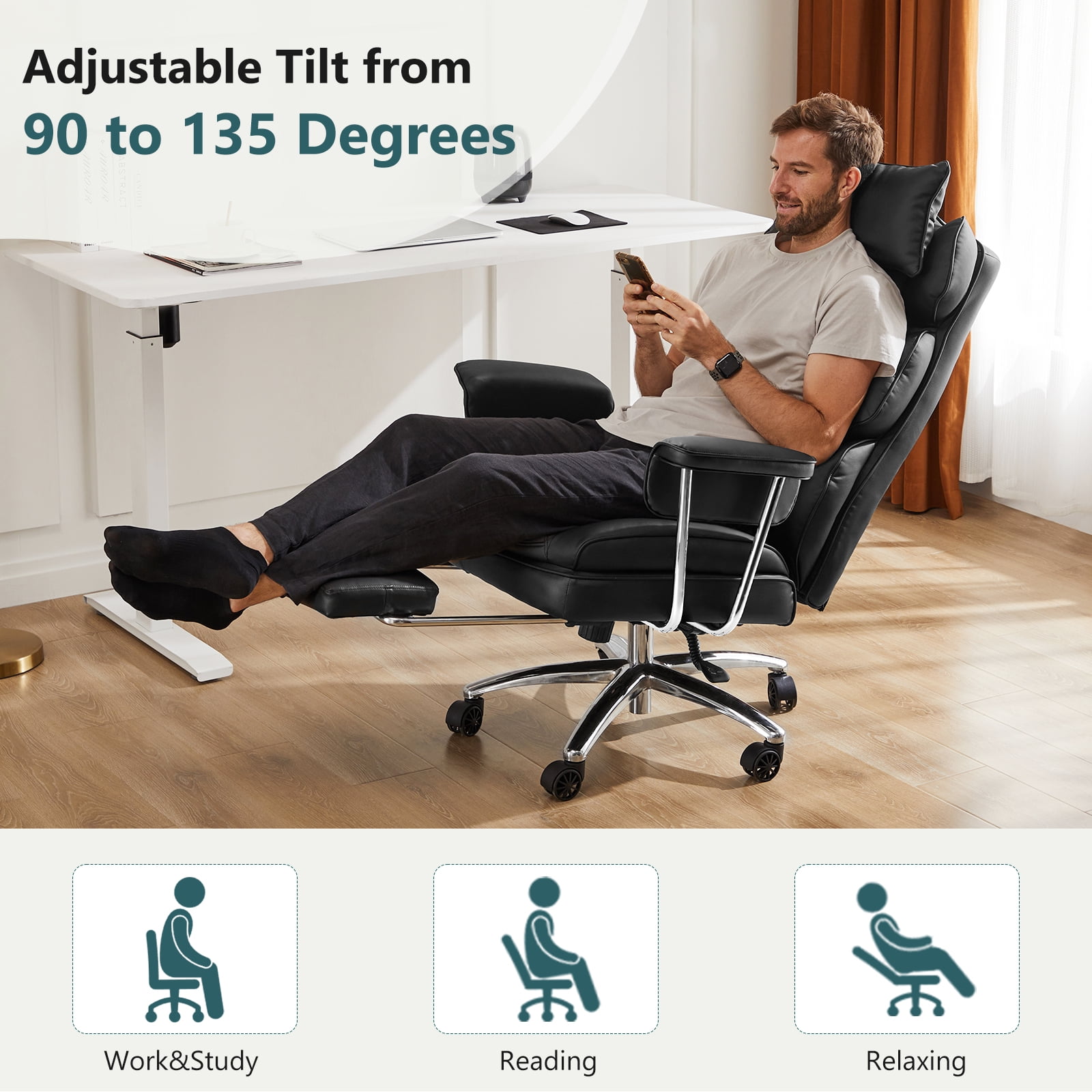 CONCETTA Executive Ergonomic Home Office Chair with Footrest & Lumbar Support, Big Tall High Back, PU Leather, Adjustable & Swivel, Black