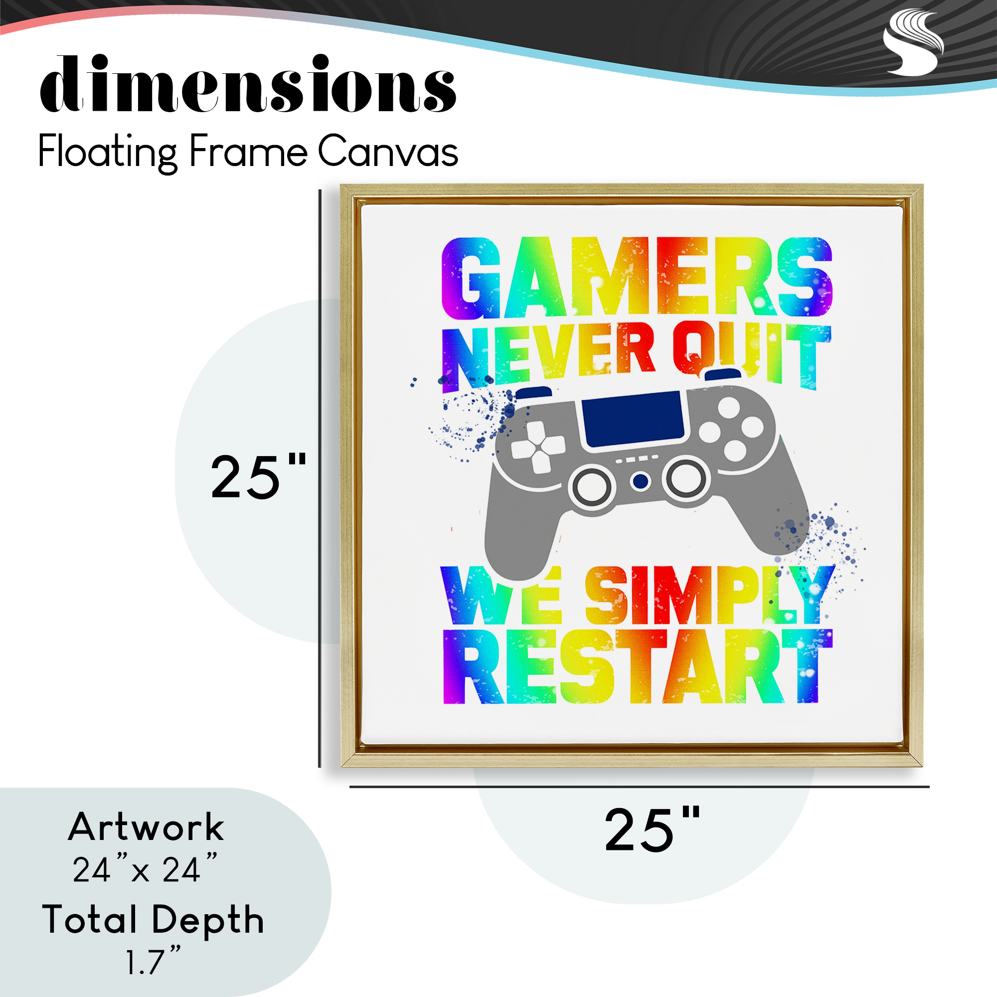 Rainbow Gamers Never Quit Gold Framed Floater Canvas Wall Art, design by Kim Allen