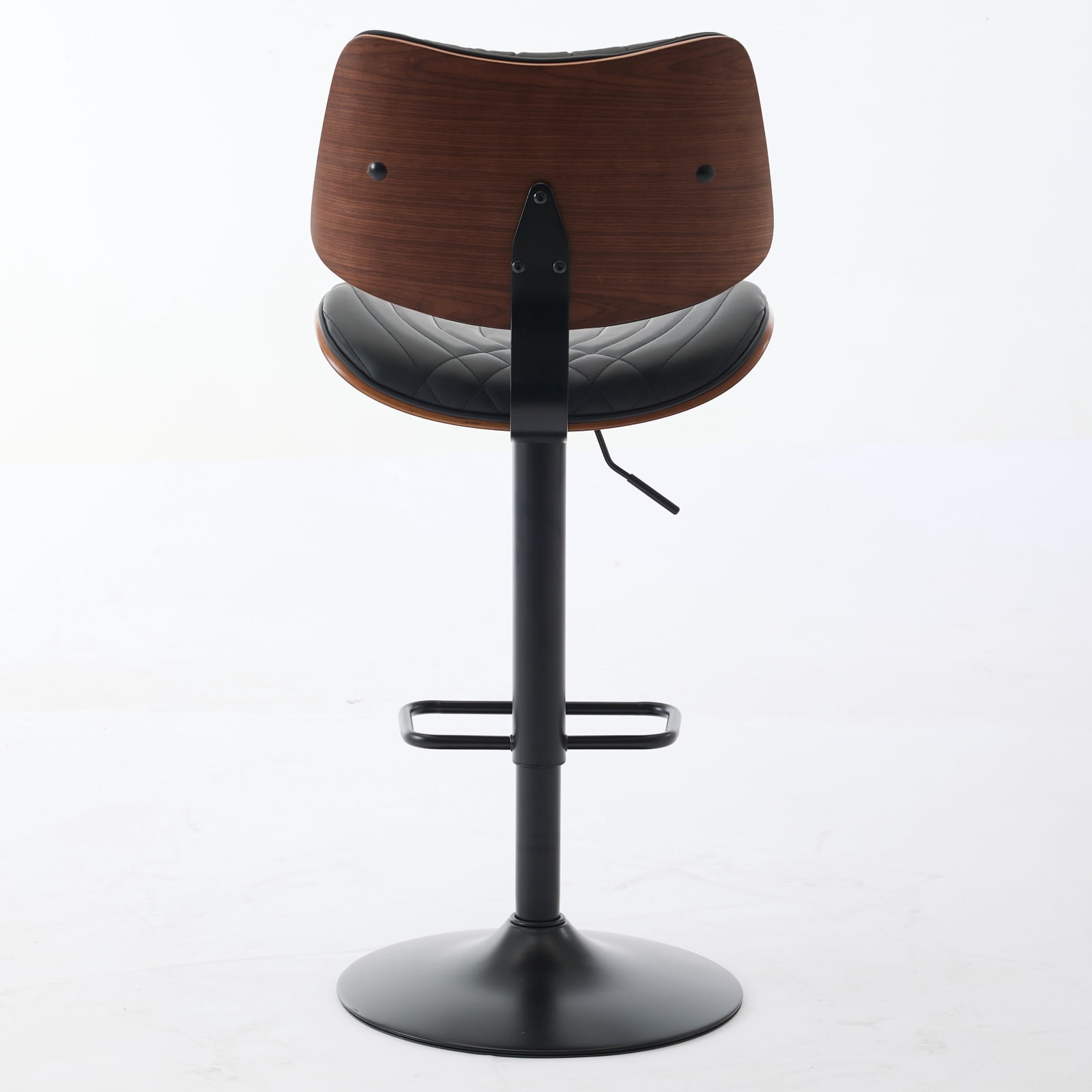 Adjustable Swivel Bar Stools Set of 2 Mid Century Modern Design with Walnut Bentwood and Black PU Leather Upholstery for Kitchen Island