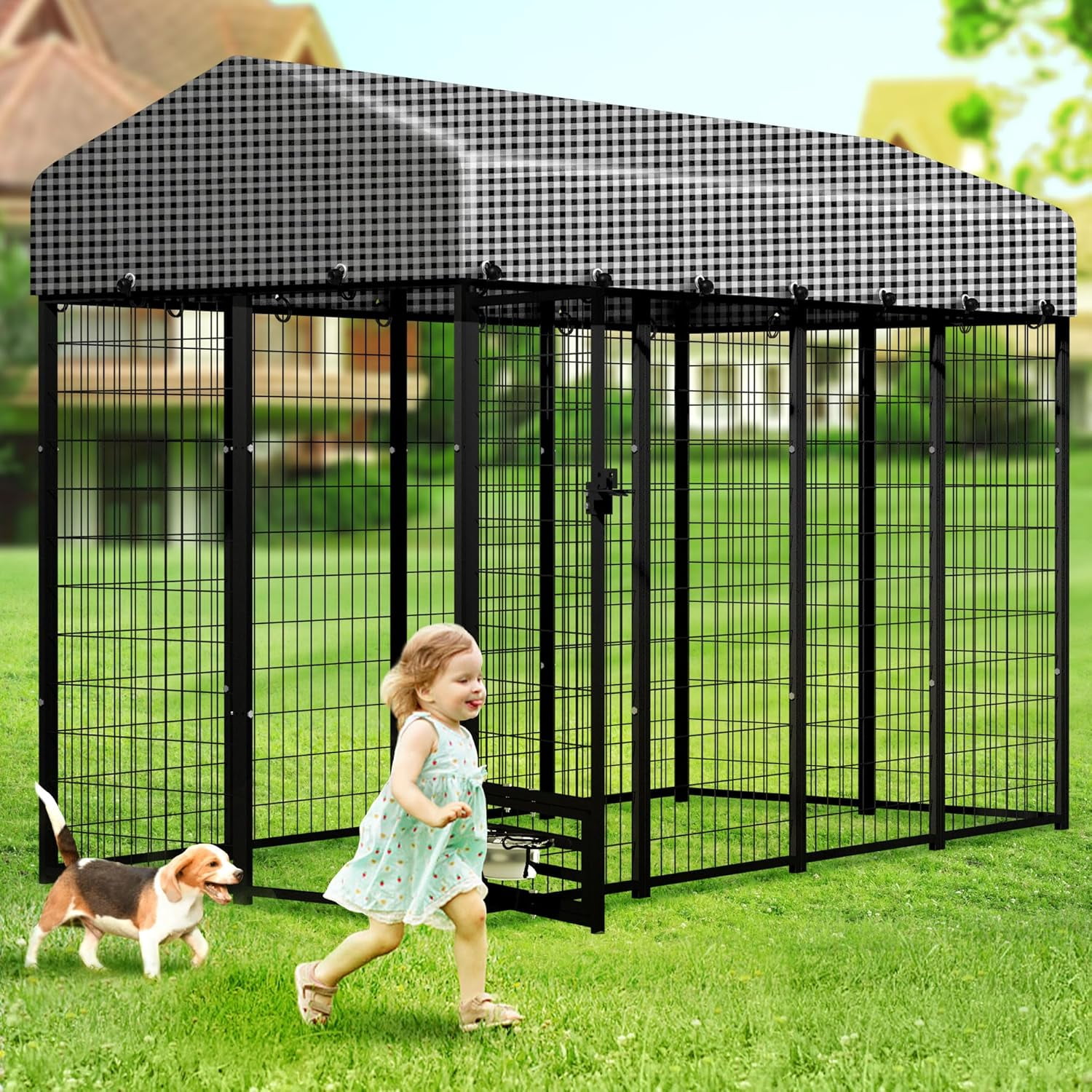 8‘x4’x6‘ Upgraded Large Dog Kennel Outdside with Bowls, Sturdy Outdoor Dog Playpen Dog Exercise House Dog Enclosure Run Pet Fence Coop with Lockable Feeding Doors and Roof, for Small and Large Dogs