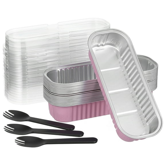 20 Sets Mini Loaf Pans with Lids Square Aluminum Foil Box 16.50X6.30X3.00CM Pink