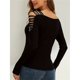 thumbnail image 5 of Camisa Informal de Larga con Escote en V y Hombros Descubiertos para Mujer, con Costuras de Encaje de Color Liso y Diseño de Rombos Negro L, 5 of 9
