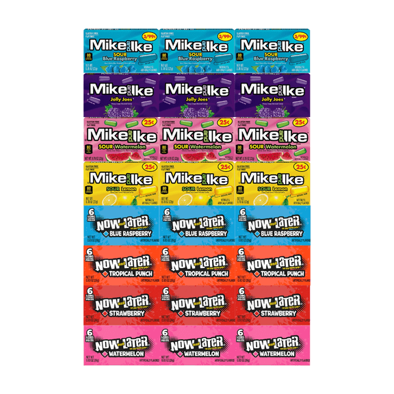 Assorted Candy Mix Variety Pack – Includes 4 Flavors of Mike and Ike & 4 Flavors of Now and Later – 3 Each Flavor, 24 Pack – Perfect for Sharing, Parties, Candy Lovers, and Snacks